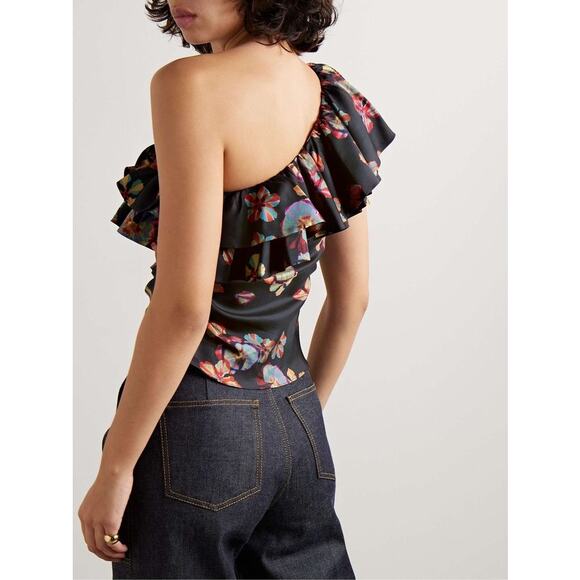 Ulla Johnson Adaleigh One Shoulder Floral Print Silk Top Black Size US 2 - Picture 9 of 12